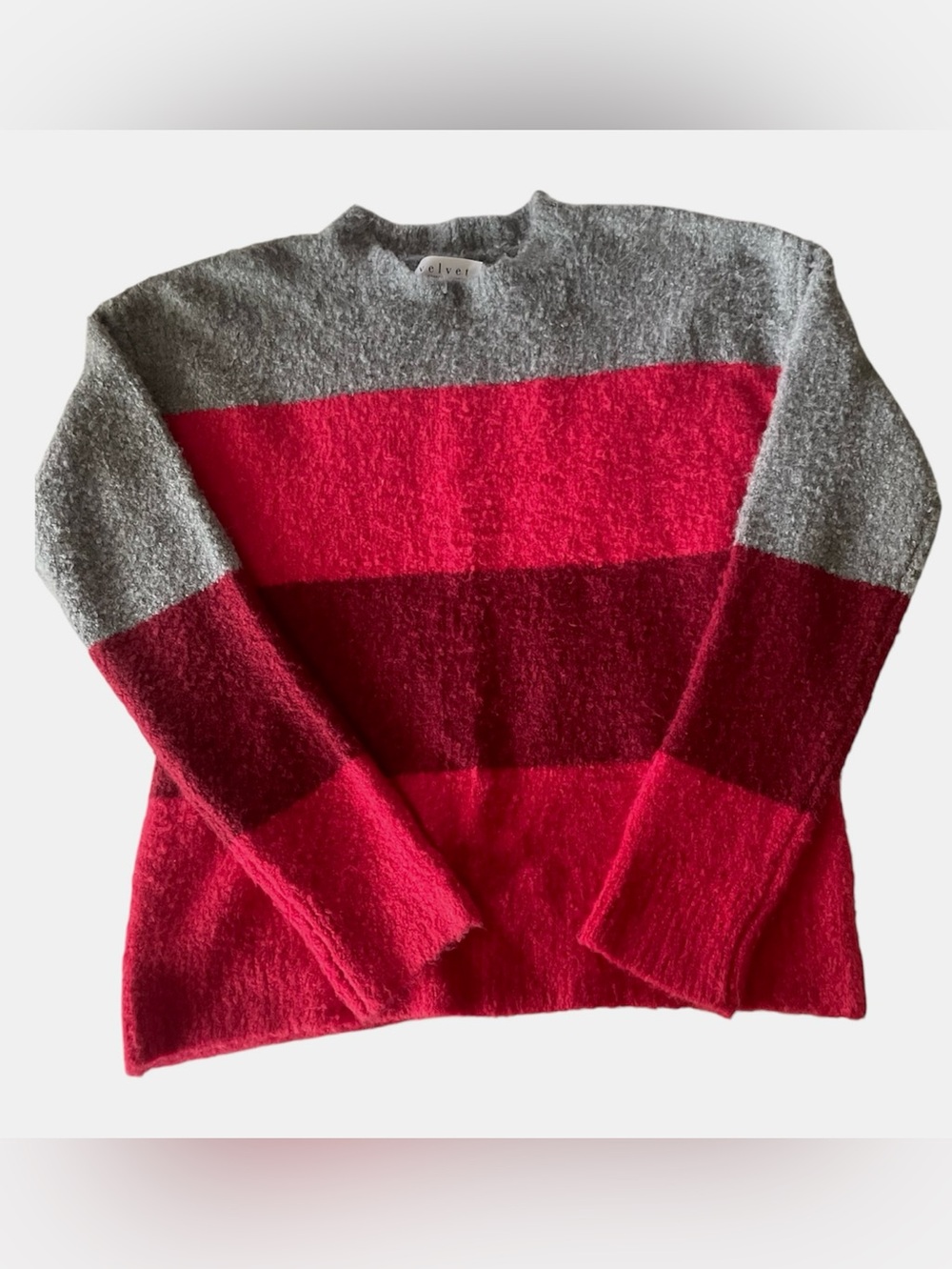Velvet by Graham & Spencer XS Wool Alpaca Academia Fuzzy Preppy Sweater Gray Red